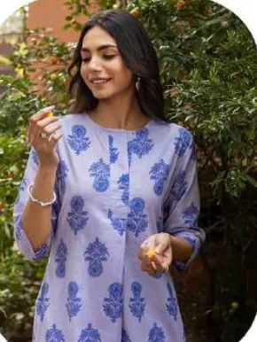 Lavender Blue Block Print Cotton Kurti Pant Set
