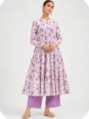 Lavender Floral Print Anarkali Cotton Kurti