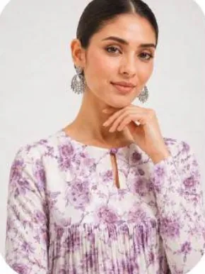 Lavender Floral Print Anarkali Cotton Kurti