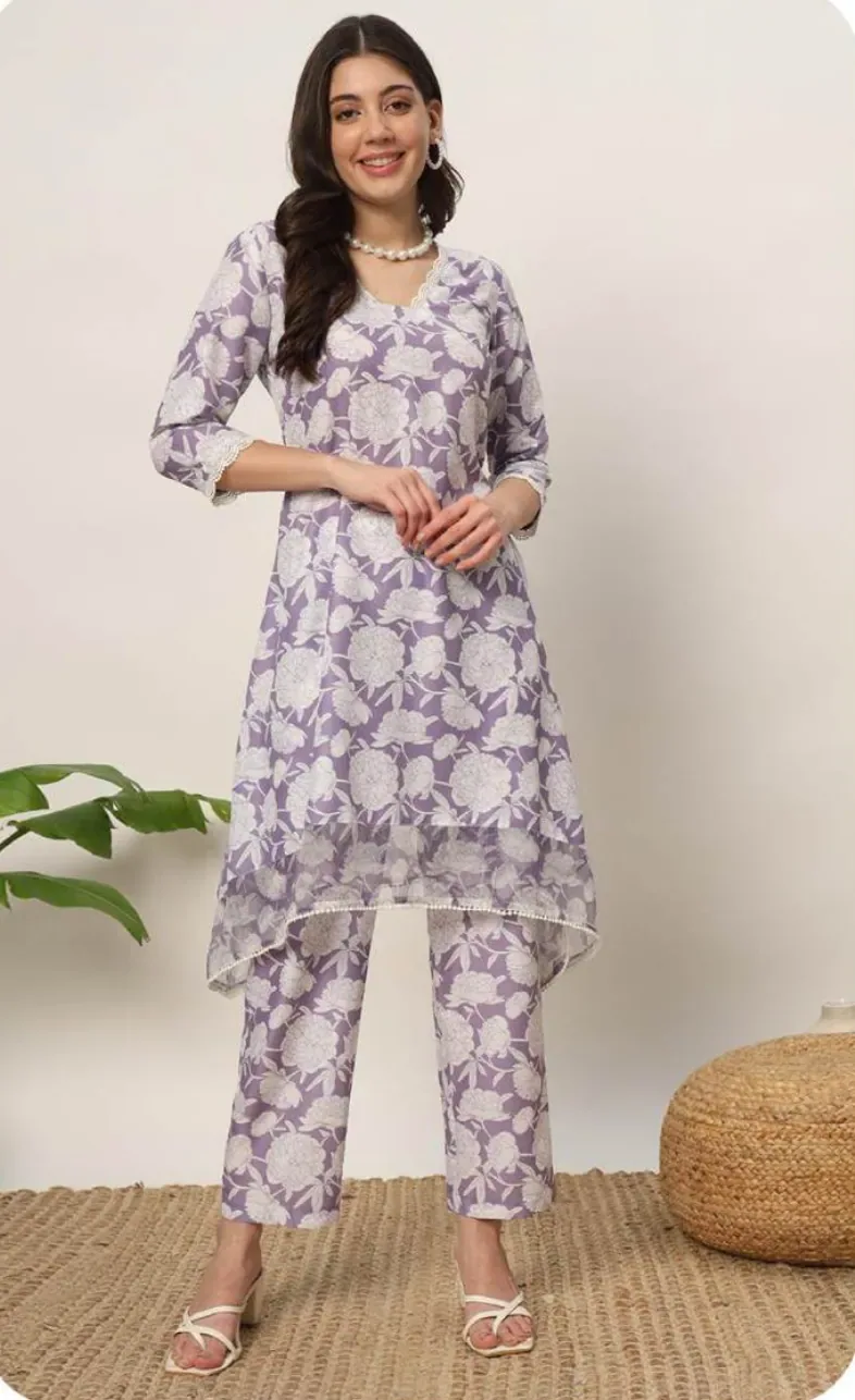 Lavender Floral Print Cotton Blend Kurti Pant Set