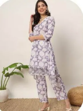 Lavender Floral Print Cotton Blend Kurti Pant Set