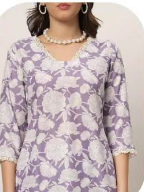 Lavender Floral Print Cotton Blend Kurti Pant Set