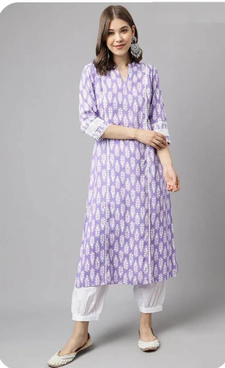 Lavender Print Cotton Kurti Pant Set