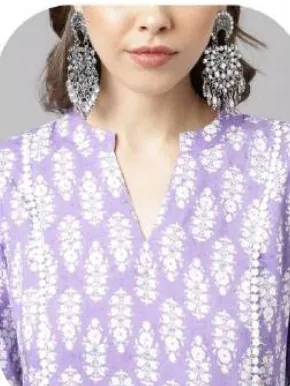 Lavender Print Cotton Kurti Pant Set