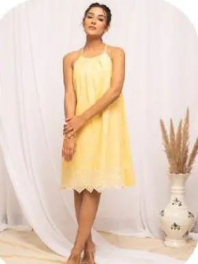 Lemon Yellow Halter Schiffli Cotton Dress