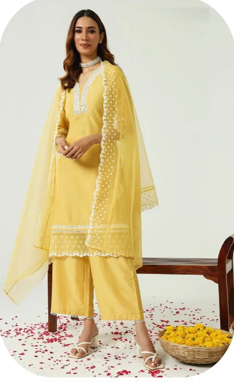 Lemon Yellow Silk Blend Kurta Palazzo Set with Dupatta