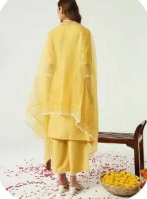 Lemon Yellow Silk Blend Kurta Palazzo Set with Dupatta