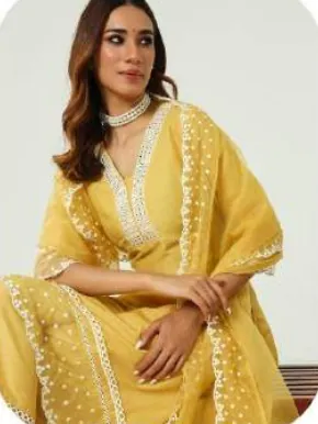 Lemon Yellow Silk Blend Kurta Palazzo Set with Dupatta