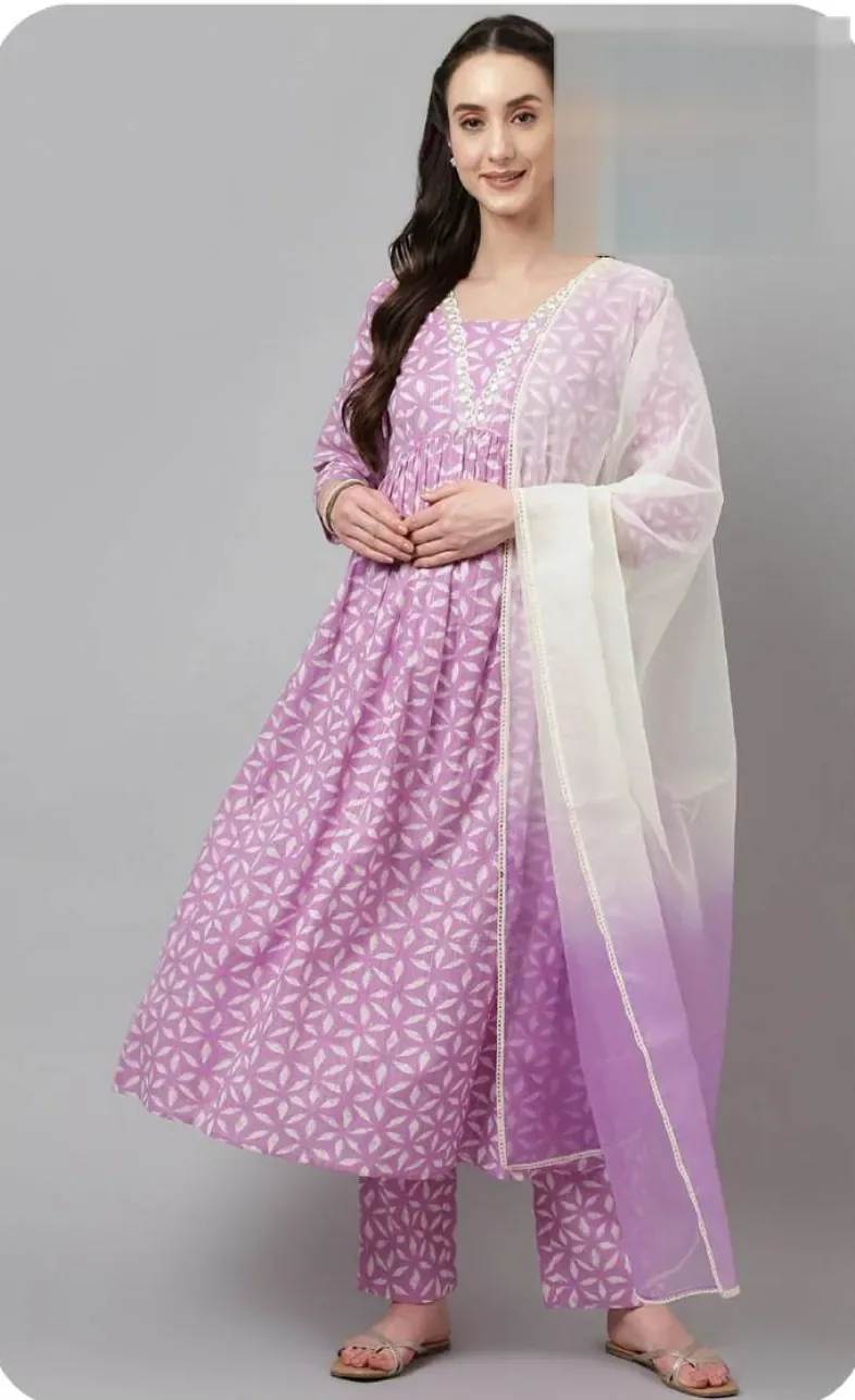 Lilac Anarkali Lurex Cotton Kurta Set with Dupatta
