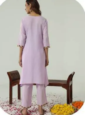 Lilac Embroidered Cotton Kurti Pant Set