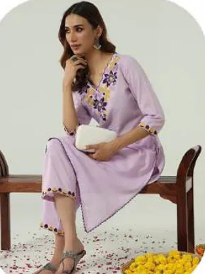 Lilac Embroidered Cotton Kurti Pant Set