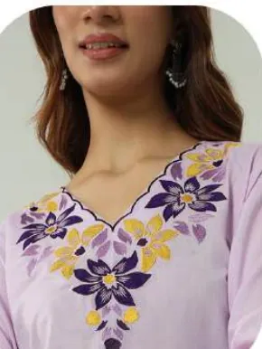 Lilac Embroidered Cotton Kurti Pant Set