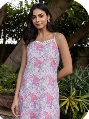 Lilac Floral Print Cotton Kurti Pant Set