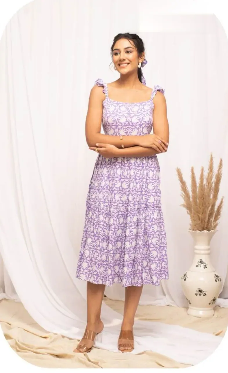 Lilac Print Tiered Strappy Cotton Dress