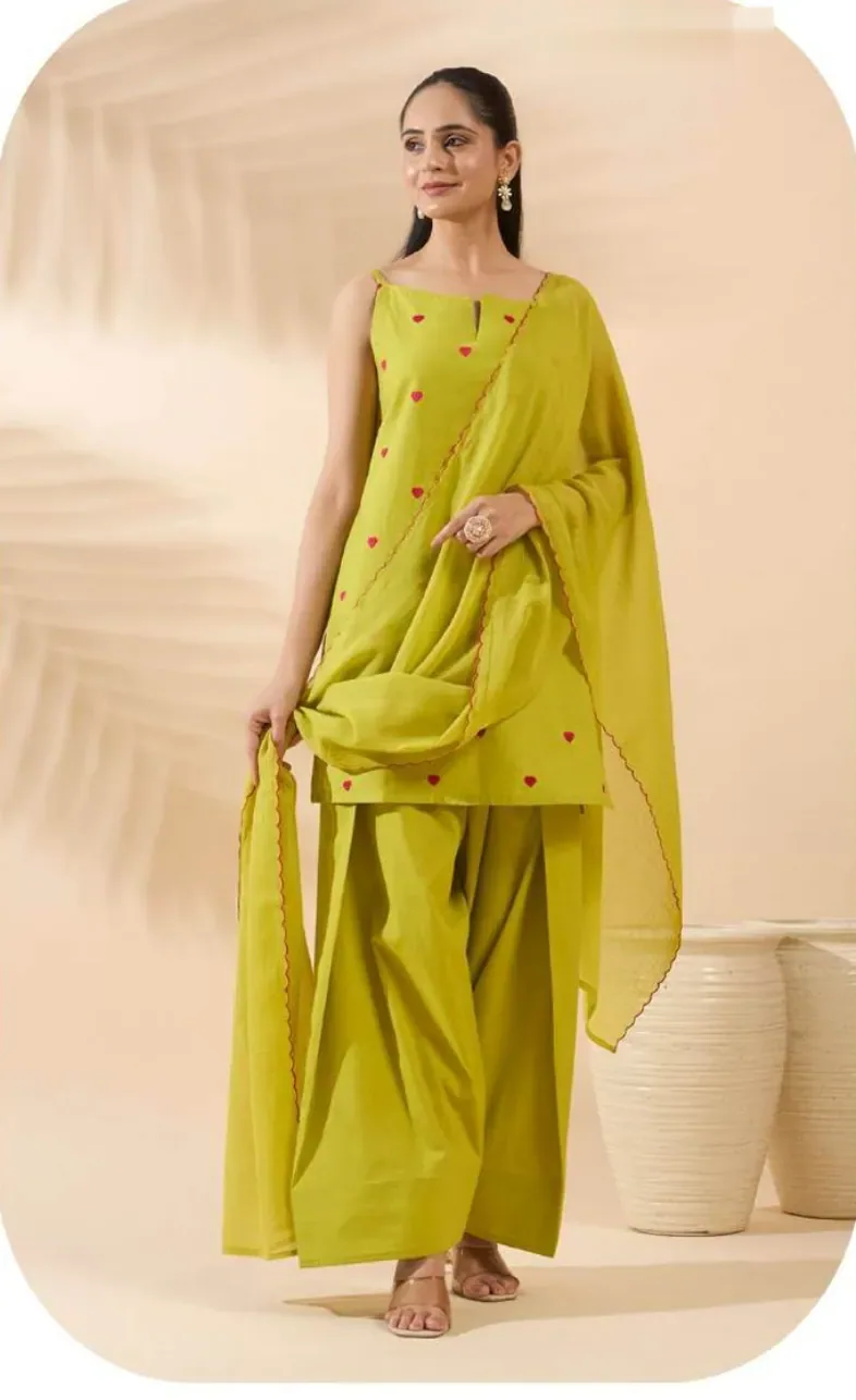Lime Green Cotton Kurta Set with Dupatta
