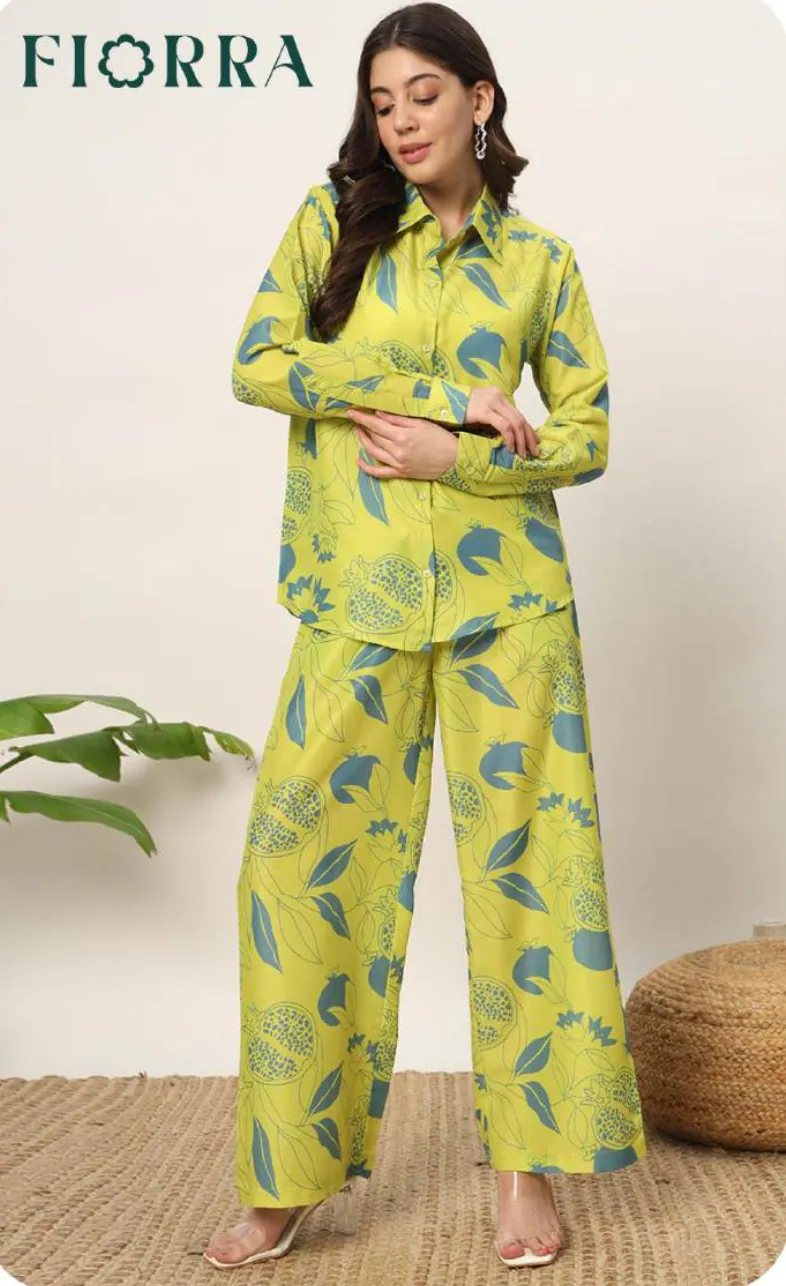 Lime Green Leaf Print Cotton Blend Shirt & Palazzo Co-ord Set