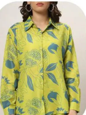 Lime Green Leaf Print Cotton Blend Shirt & Palazzo Co-ord Set