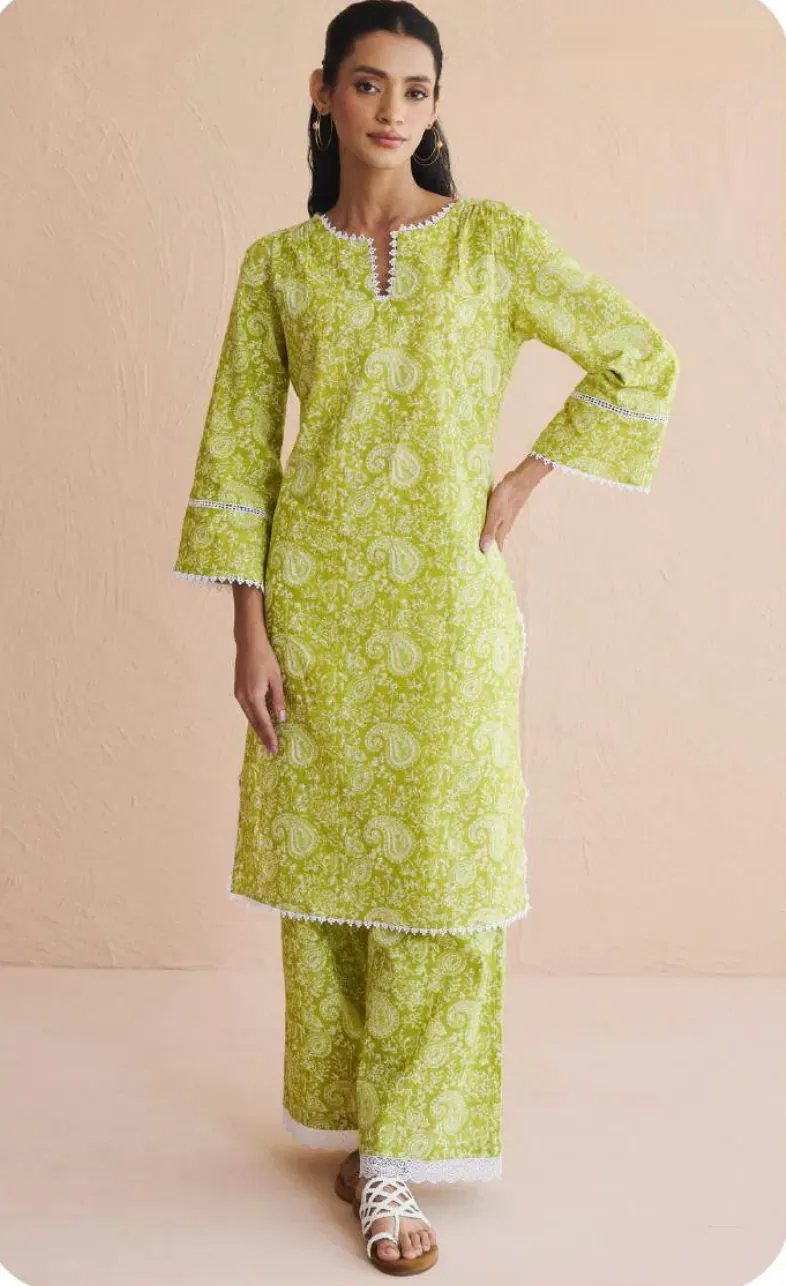 Lime Green Print Cotton Kurti Pant Set