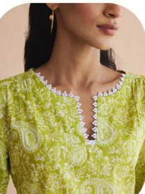 Lime Green Print Cotton Kurti Pant Set