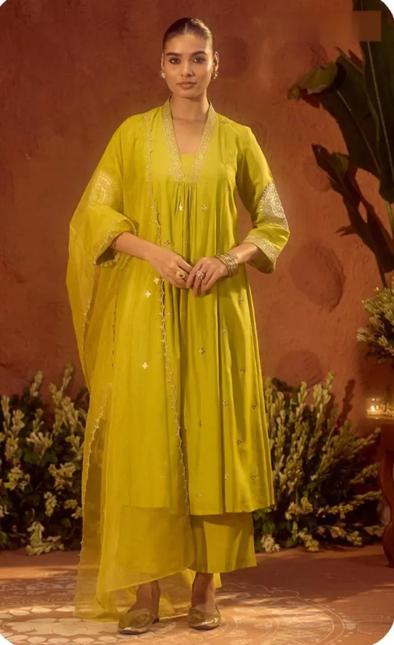 Lime Green Viscose Chanderi Kurta Set with Dupatta