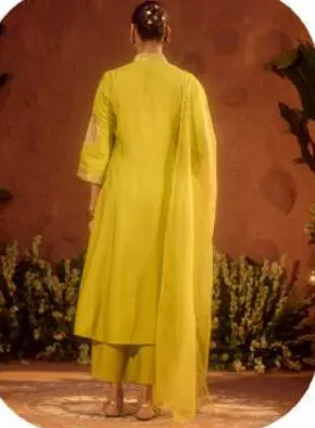 Lime Green Viscose Chanderi Kurta Set with Dupatta