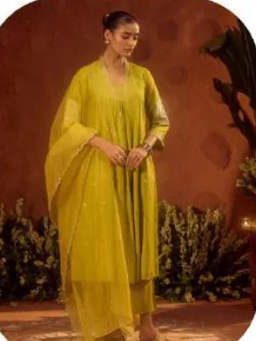 Lime Green Viscose Chanderi Kurta Set with Dupatta