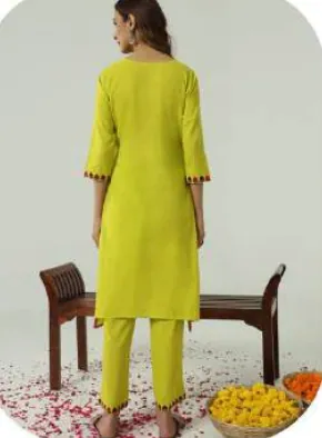 Lime Yellow Embroidered Cotton Kurti Pant Set