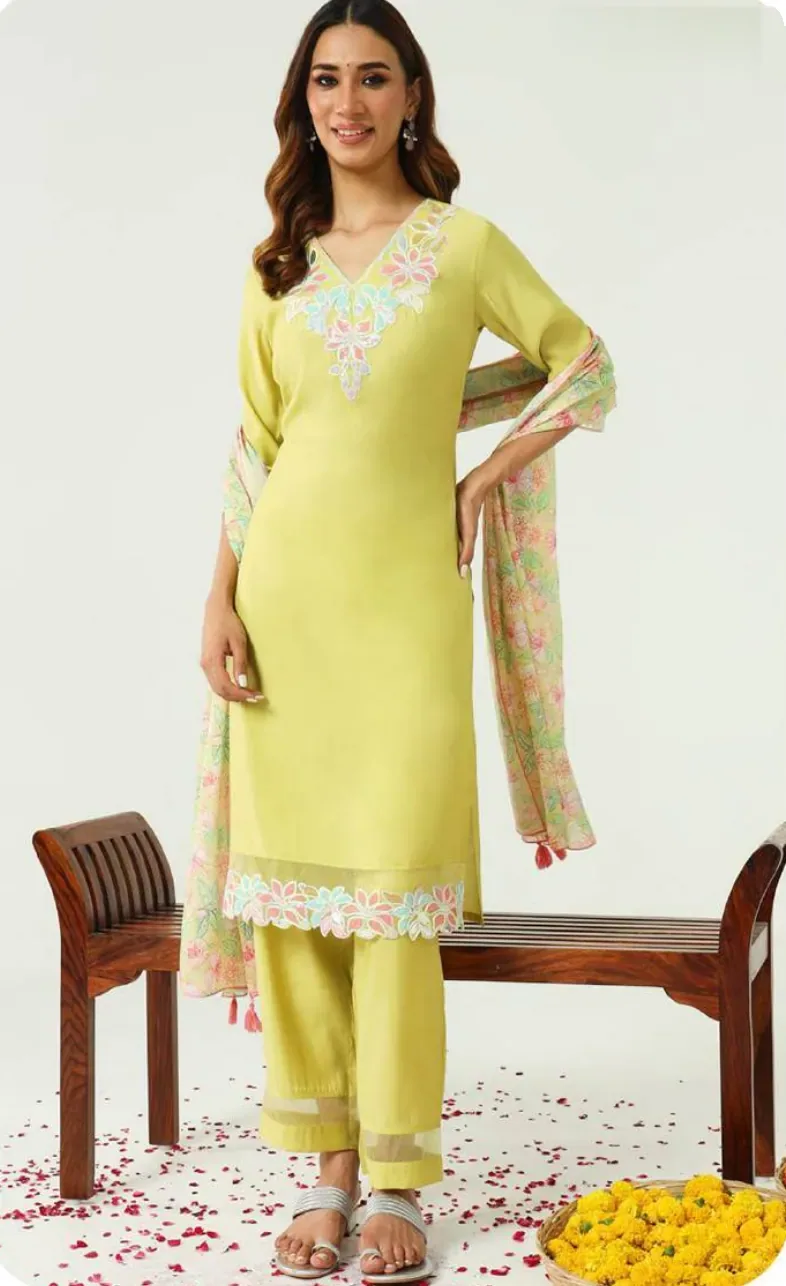 Lime Yellow Embroidered Viscose Chanderi Kurta Set with Dupatta