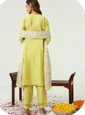 Lime Yellow Embroidered Viscose Chanderi Kurta Set with Dupatta