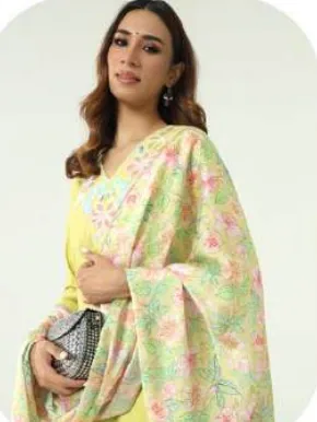 Lime Yellow Embroidered Viscose Chanderi Kurta Set with Dupatta