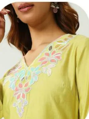 Lime Yellow Embroidered Viscose Chanderi Kurta Set with Dupatta