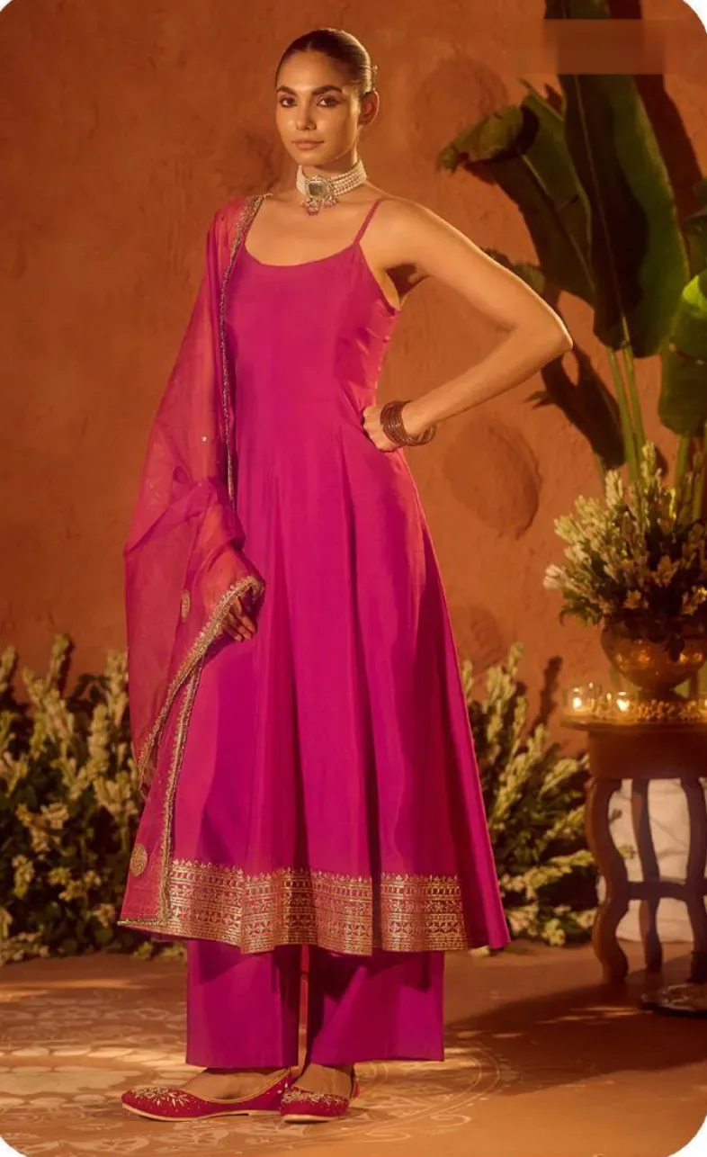 Magenta Pink Anarkali Viscose Chanderi Kurta Set with Dupatta