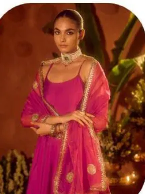 Magenta Pink Anarkali Viscose Chanderi Kurta Set with Dupatta