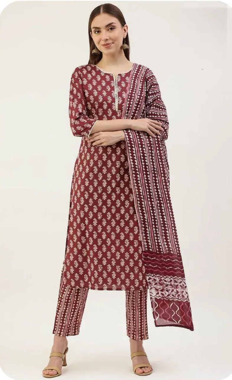 Maroon Block Print Cotton Kurta Set with Dupatta