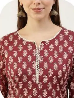 Maroon Block Print Cotton Kurta Set with Dupatta