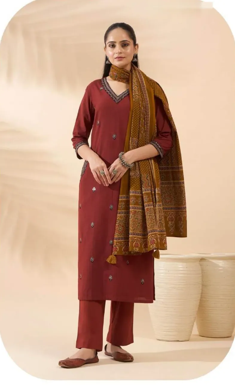 Maroon Cotton Kurta Set with Dupatta