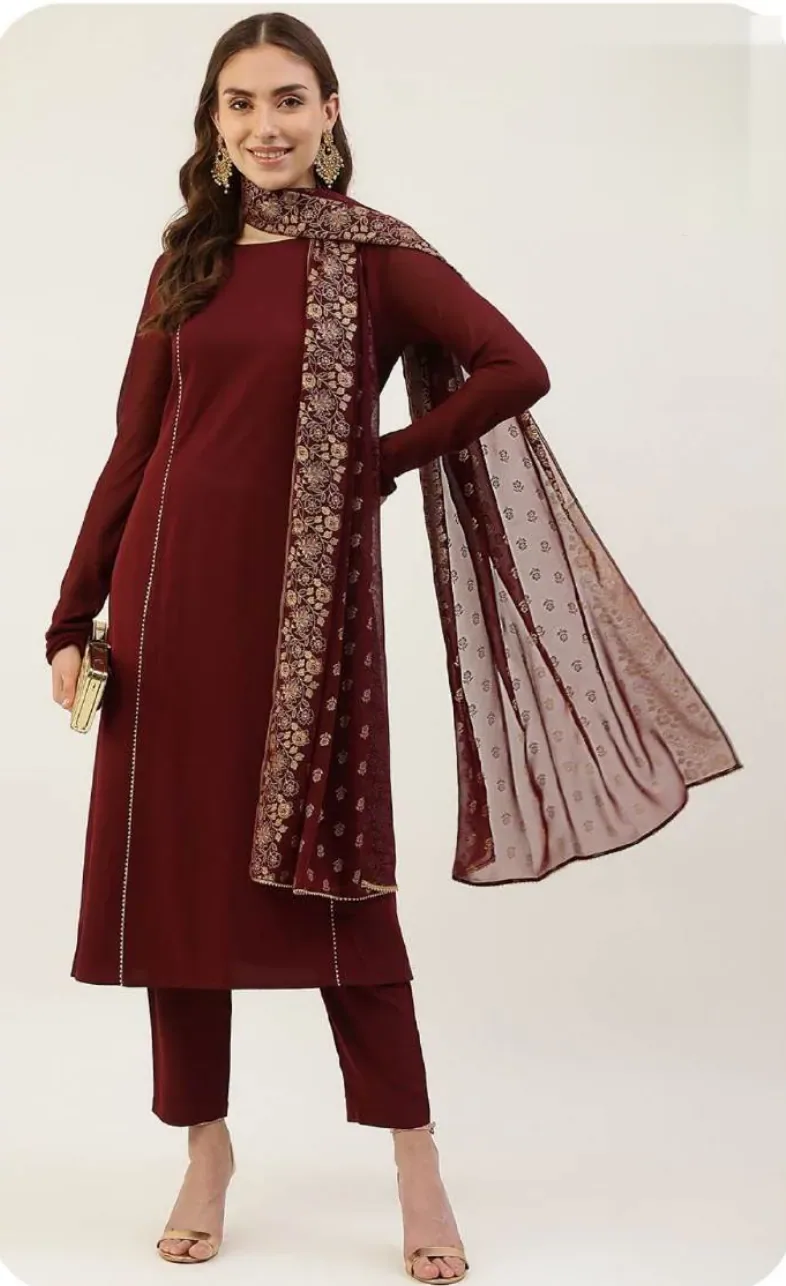 Maroon Crepe Kurta Set with Dupatta