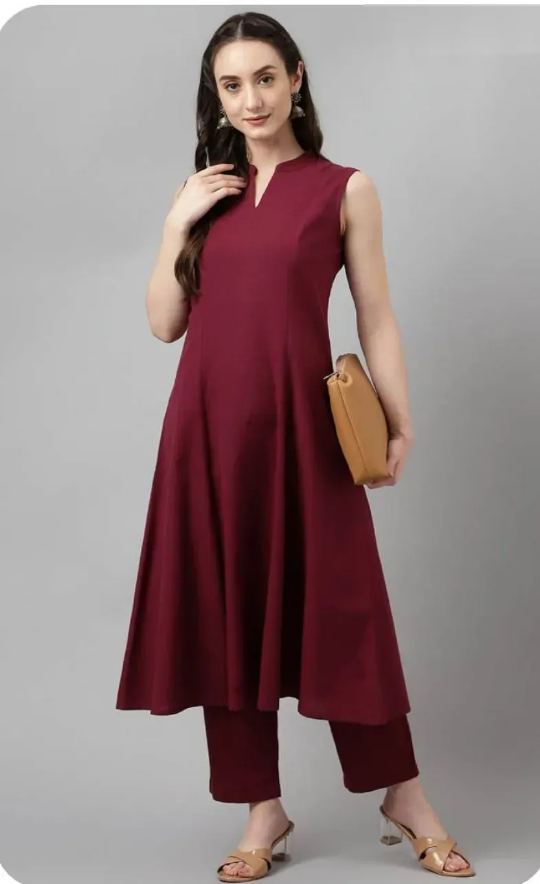 Maroon Sleeveless A-Line Rayon Kurti Pant Set
