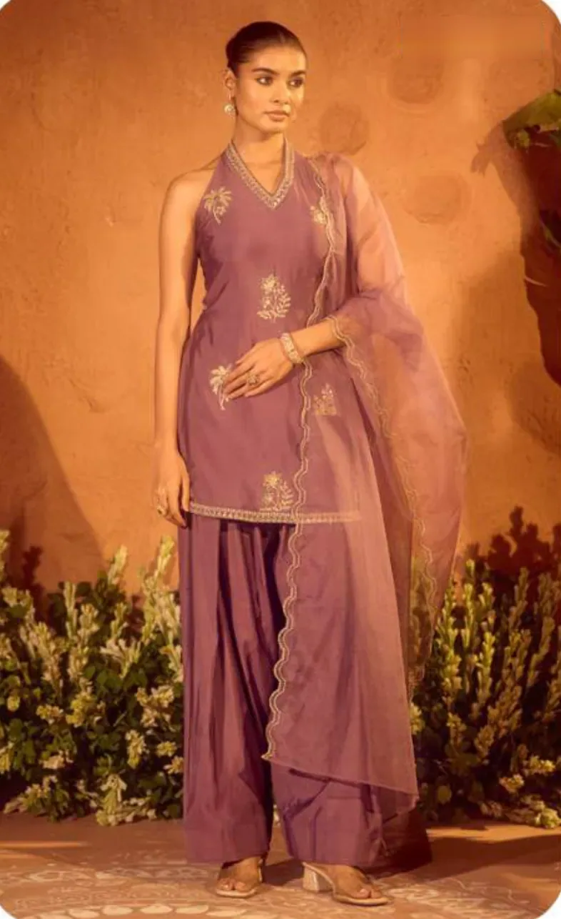 Mauve Embroidered Viscose Chanderi Kurta Set with Dupatta
