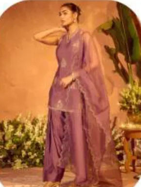 Mauve Embroidered Viscose Chanderi Kurta Set with Dupatta