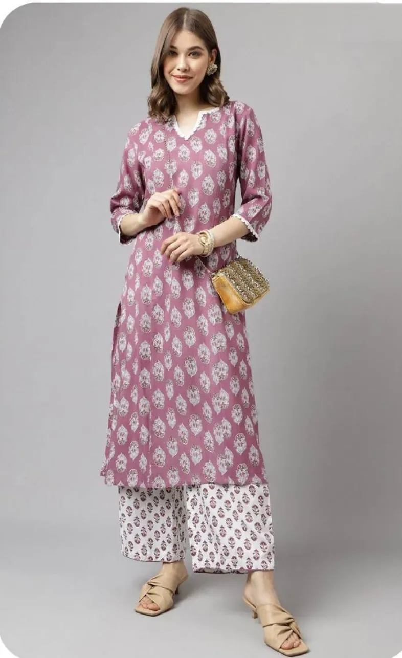 Mauve Floral Print Cotton Kurti Palazzo Set