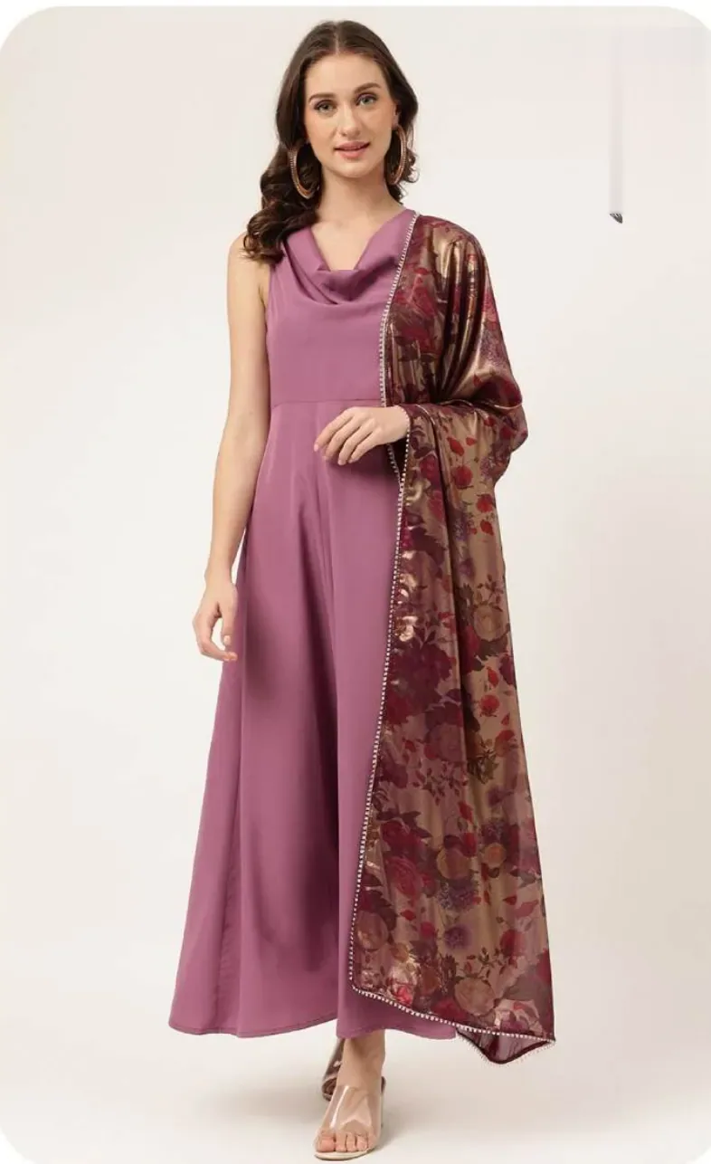 Mauve Poly Crepe Gown with Dupatta