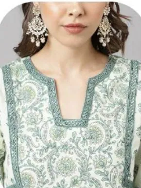 Mint Green Print Cotton Kurti Pant Set