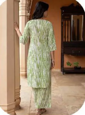 Mint Green Print Cotton Kurti Pant Set