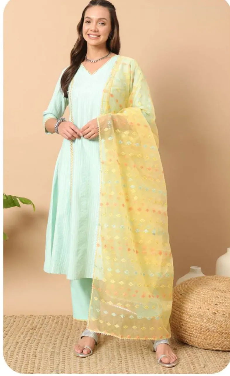 Mint Lurex Cotton Kurta Set with Dupatta