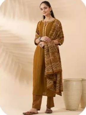 Mustard-Brown Cotton Kurta Set with Dupatta