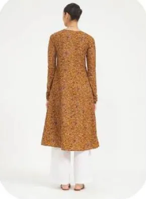 Mustard Brown Printed Flared Cotton Kurti