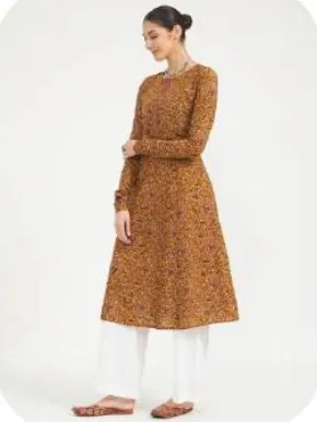 Mustard Brown Printed Flared Cotton Kurti