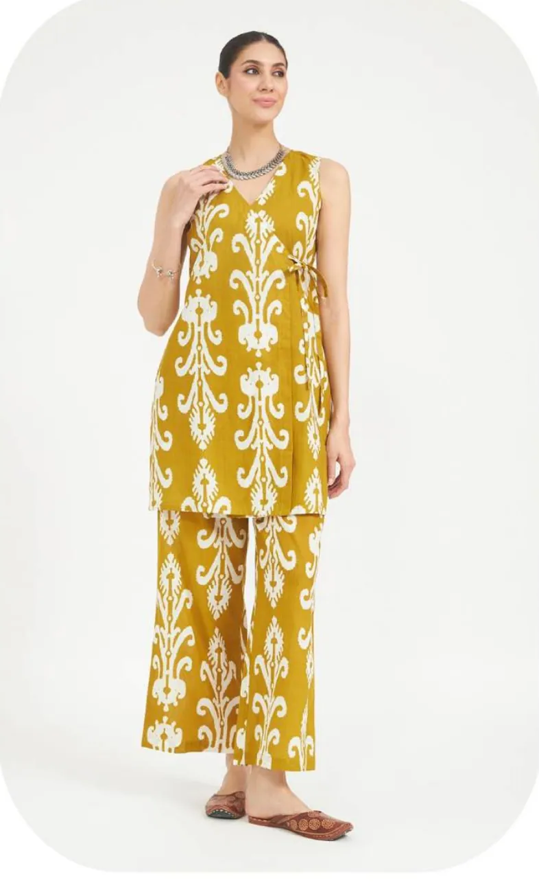 Mustard Ikat Print Angrakha Cotton Kurti & Farsi Salwar Set