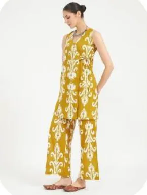 Mustard Ikat Print Angrakha Cotton Kurti & Farsi Salwar Set